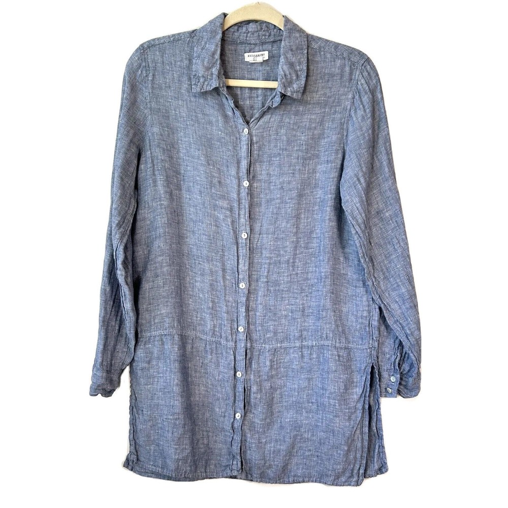 Artisan NY Small Linen Shirt Tunic Top Long Sleeve Button Up Chambray Long Waist